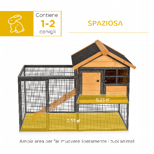 PawHut-Gabbia-per-Conigli-con-Casetta-Rampa-e-Area-Aperta-Conigliera-in-Legno-e-Metallo-Giallo-Chiaro-122x63x92cm