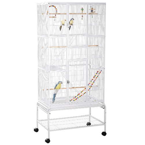 PawHut-Gabbia-per-Uccelli-in-Acciaio-e-PP-con-Posatoi-Giochi-Contenitori-per-Cibo-e-Vassoio-83x53x180-cm-Bianco