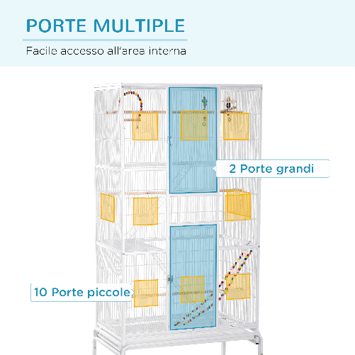 PawHut-Gabbia-per-Uccelli-in-Acciaio-e-PP-con-Posatoi-Giochi-Contenitori-per-Cibo-e-Vassoio-83x53x180-cm-Bianco