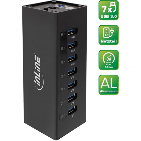 Hub-USB-3.0---7-porte---custodia-in-alluminio---nero---con-alimentatore-da-25A