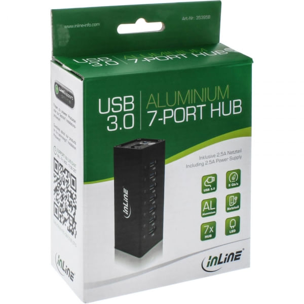 Hub-USB-3.0---7-porte---custodia-in-alluminio---nero---con-alimentatore-da-25A