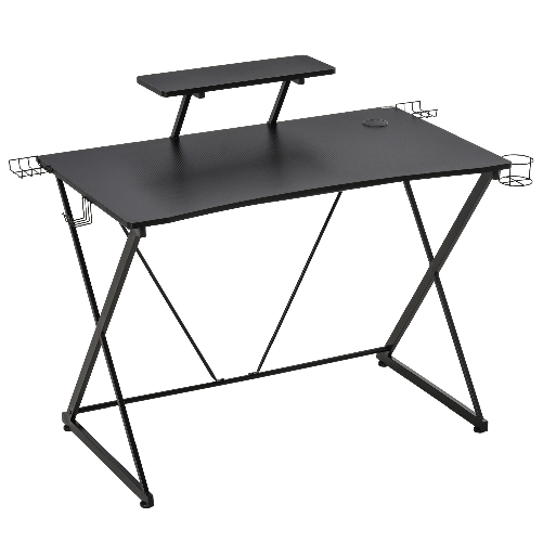 HOMCOM-Scrivania-Gaming-con-Ripiano-per-Monitor-e-Supporti-Nero