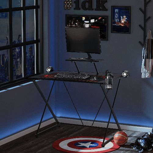 HOMCOM-Scrivania-Gaming-con-Ripiano-per-Monitor-e-Supporti-Nero
