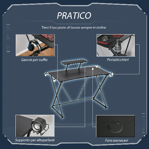 HOMCOM-Scrivania-Gaming-con-Ripiano-per-Monitor-e-Supporti-Nero