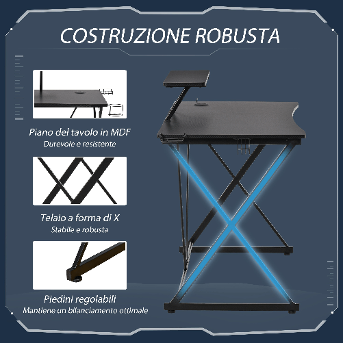 HOMCOM-Scrivania-Gaming-con-Ripiano-per-Monitor-e-Supporti-Nero