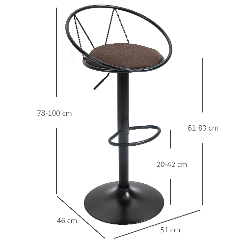 HOMCOM-Set-2-Sgabelli-da-Bar-Girevoli-con-Schienale-e-Poggiapiedi-in-Metallo-Altezza-Regolabile-e-Seduta-Imbottita-per-Soggiorno-e-Cucina--Marrone-51x46x78-100cm