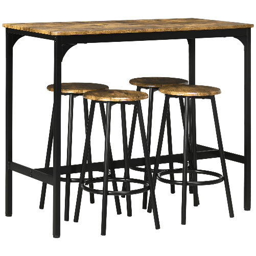 HOMCOM-Set-da-Bar-5-pezzi-con-Tavolo-alto-e-4-Sgabelli-Stile-Industriale-Marrone-e-Nero