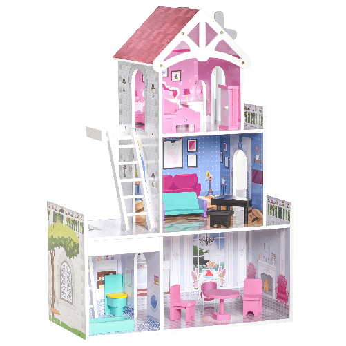 HOMCOM-Casa-delle-Bambole-in-Legno-a-3-Piani-con-Scale-e-Accessori-per-Bambini-3-6-Anni-60x29x85cm-Rosa