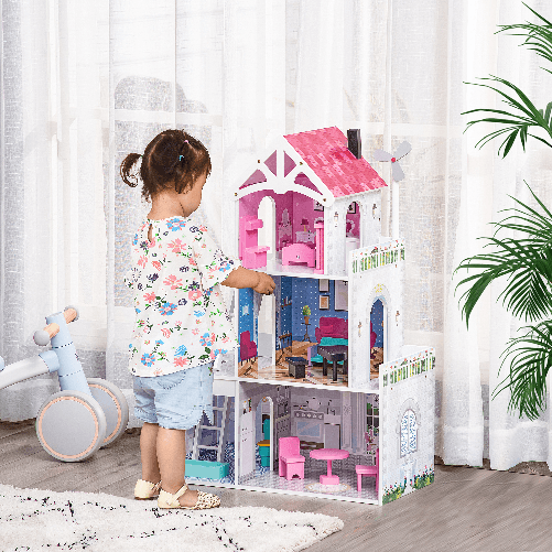 HOMCOM-Casa-delle-Bambole-in-Legno-a-3-Piani-con-Scale-e-Accessori-per-Bambini-3-6-Anni-60x29x85cm-Rosa