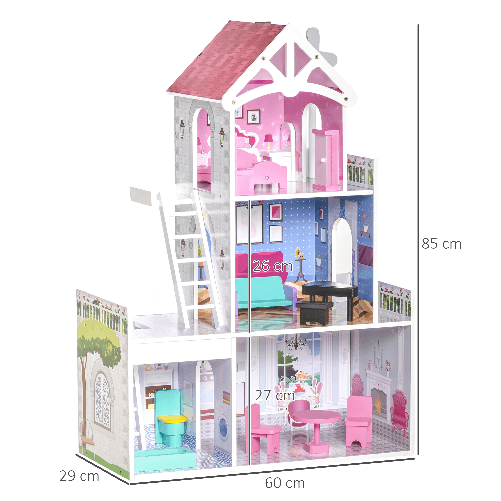 HOMCOM-Casa-delle-Bambole-in-Legno-a-3-Piani-con-Scale-e-Accessori-per-Bambini-3-6-Anni-60x29x85cm-Rosa