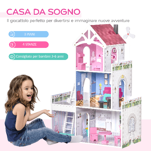 HOMCOM-Casa-delle-Bambole-in-Legno-a-3-Piani-con-Scale-e-Accessori-per-Bambini-3-6-Anni-60x29x85cm-Rosa