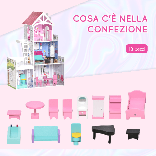 HOMCOM-Casa-delle-Bambole-in-Legno-a-3-Piani-con-Scale-e-Accessori-per-Bambini-3-6-Anni-60x29x85cm-Rosa