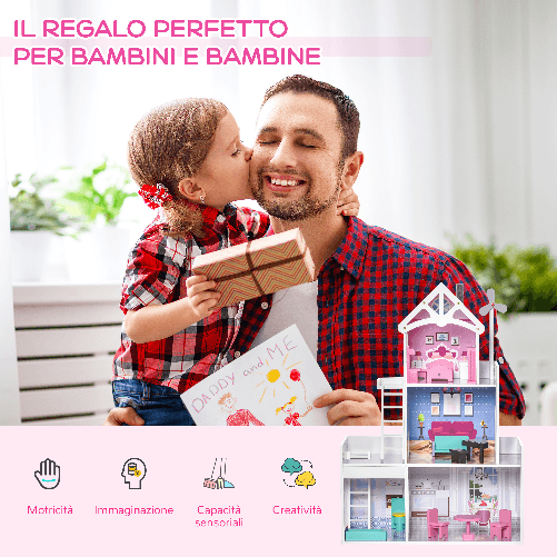 HOMCOM-Casa-delle-Bambole-in-Legno-a-3-Piani-con-Scale-e-Accessori-per-Bambini-3-6-Anni-60x29x85cm-Rosa