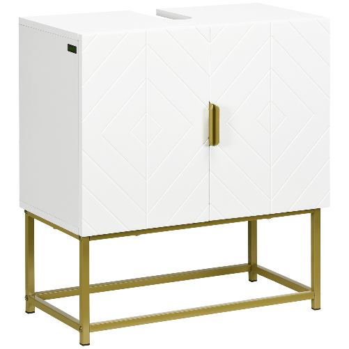 kleankin-Mobile-Bagno-Sottolavabo-con-Armadietto-2-Ante-in-Legno-e-Acciaio-60x30x65cm-Bianco-e-Oro