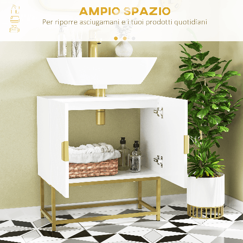 kleankin-Mobile-Bagno-Sottolavabo-con-Armadietto-2-Ante-in-Legno-e-Acciaio-60x30x65cm-Bianco-e-Oro