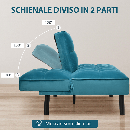 HOMCOM-Divano-Letto-3-Posti-con-Schienale-Reclinabile-in-Velluto-Verde-Legno-e-Acciaio