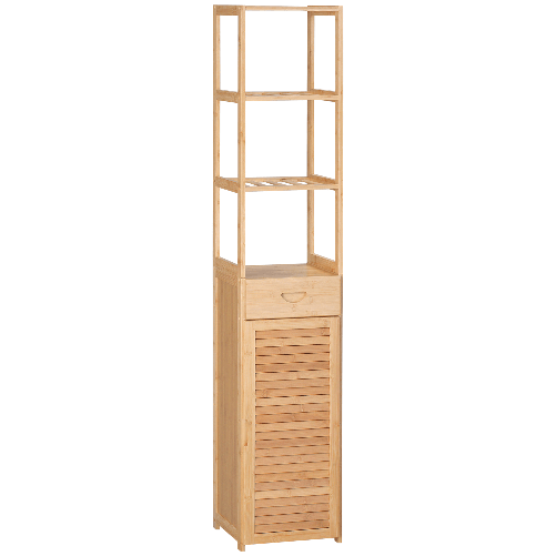 kleankin-Mobile-Bagno-Alto-in-Bambu-con-3-Ripiani-Aperti-un-Cassetto-e-un-Armadietto-32x30x163-cm-color-Legno