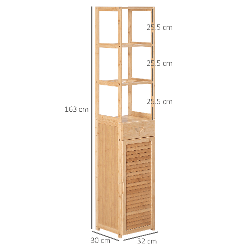 kleankin-Mobile-Bagno-Alto-in-Bambu-con-3-Ripiani-Aperti-un-Cassetto-e-un-Armadietto-32x30x163-cm-color-Legno