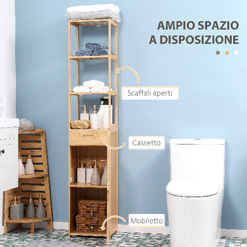 kleankin-Mobile-Bagno-Alto-in-Bambu-con-3-Ripiani-Aperti-un-Cassetto-e-un-Armadietto-32x30x163-cm-color-Legno