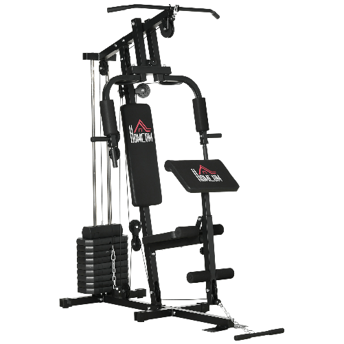 HOMCOM-Stazione-Fitness-Multifunzione-Power-Tower-con-Pesi-fino-45kg-e-Panca-Imbottita-135x103x210cm