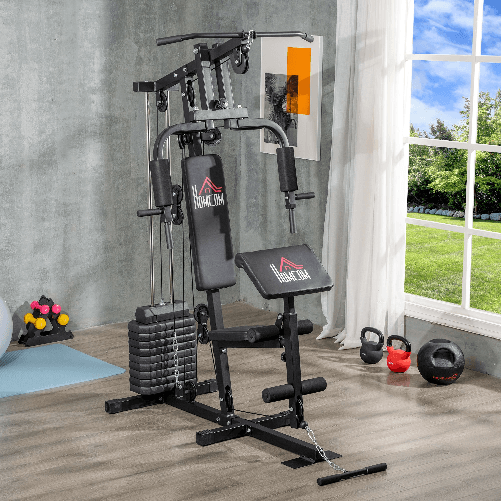 HOMCOM-Stazione-Fitness-Multifunzione-Power-Tower-con-Pesi-fino-45kg-e-Panca-Imbottita-135x103x210cm