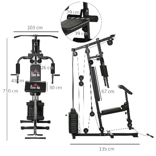 HOMCOM-Stazione-Fitness-Multifunzione-Power-Tower-con-Pesi-fino-45kg-e-Panca-Imbottita-135x103x210cm