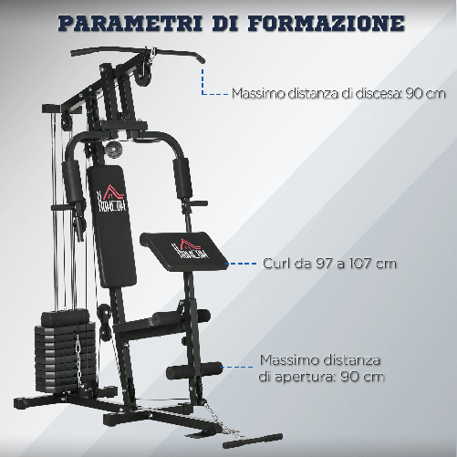 HOMCOM-Stazione-Fitness-Multifunzione-Power-Tower-con-Pesi-fino-45kg-e-Panca-Imbottita-135x103x210cm