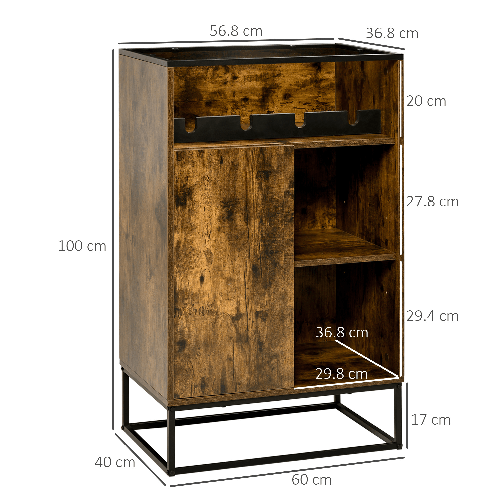 HOMCOM-Mobile-Multiuso-con-Portabottiglie-Vani-Aperti-e-Armadietto-Stile-Industriale-60x40x100cm-Marrone