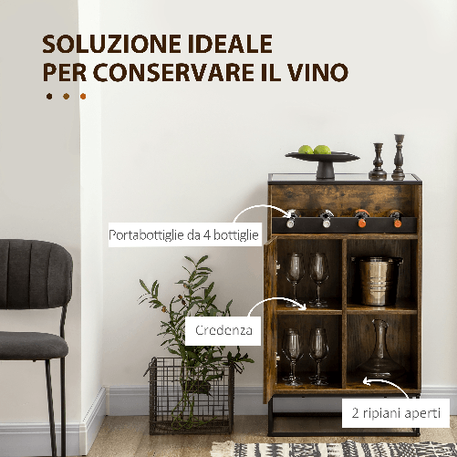 HOMCOM-Mobile-Multiuso-con-Portabottiglie-Vani-Aperti-e-Armadietto-Stile-Industriale-60x40x100cm-Marrone