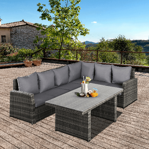 Outsunny-Salotto-da-Giardino-con-2-Divani-e-Tavolo-in-PE-Rattan-Grigio