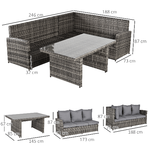 Outsunny-Salotto-da-Giardino-con-2-Divani-e-Tavolo-in-PE-Rattan-Grigio