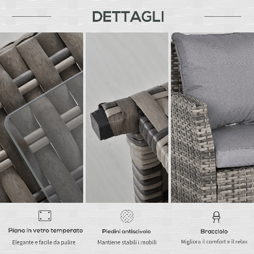 Outsunny-Salotto-da-Giardino-con-2-Divani-e-Tavolo-in-PE-Rattan-Grigio