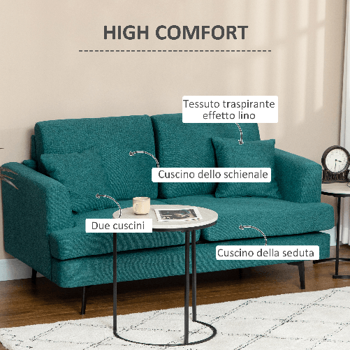 HOMCOM-Divano-2-Posti-Moderno-con-Rivestimento-in-Tessuto-e-Imbottitura-Spessa-160-x-87-x-87cm-Verde