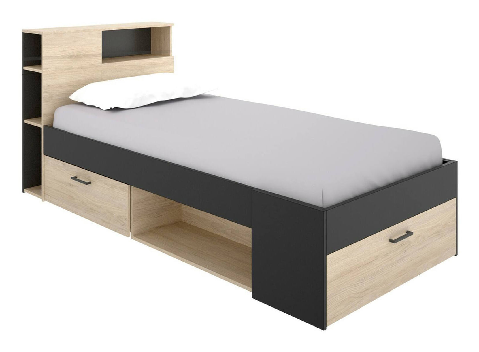 Dmora Letto per bambini Dbraza, Lettino per cameretta con testiera, Struttura per letto singolo con cassetto e scaffali