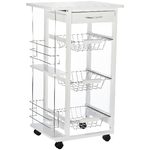 HOMCOM Carrello Isola da Cucina Salvaspazio in Legno di Pino, Carrello Portavivande con 4 Ruote Cassetto 3 Cesti Estraibili Portafrutta, Bianco