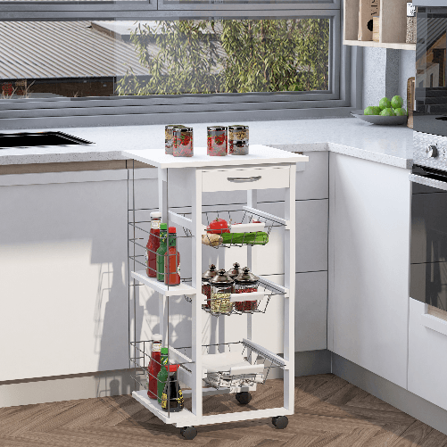 HOMCOM-Carrello-Isola-da-Cucina-Salvaspazio-in-Legno-di-Pino-Carrello-Portavivande-con-4-Ruote-Cassetto-3-Cesti-Estraibili-Portafrutta-Bianco