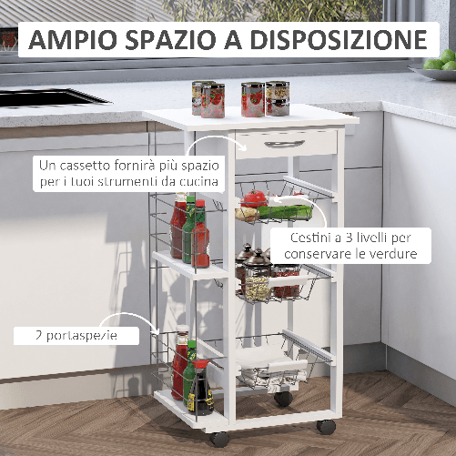 HOMCOM-Carrello-Isola-da-Cucina-Salvaspazio-in-Legno-di-Pino-Carrello-Portavivande-con-4-Ruote-Cassetto-3-Cesti-Estraibili-Portafrutta-Bianco