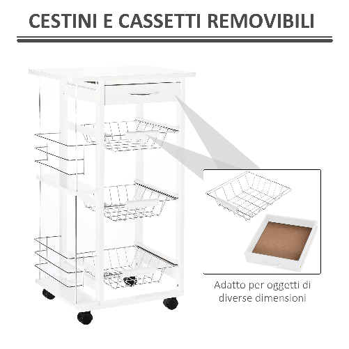 HOMCOM-Carrello-Isola-da-Cucina-Salvaspazio-in-Legno-di-Pino-Carrello-Portavivande-con-4-Ruote-Cassetto-3-Cesti-Estraibili-Portafrutta-Bianco