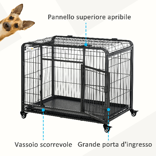 PawHut-Kennel-per-Cani-Pieghevole-Porta-con-Blocco-4-Ruote-Fondo-Rimovibile