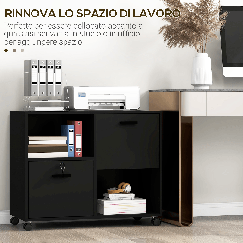 Vinsetto-Mobile-da-Ufficio-con-2-Cassetti-Porta-Documenti-e-Ripiani-Ruote-con-Blocco-80x40x66cm-Nero