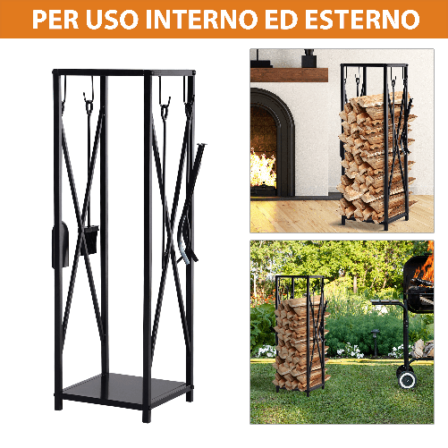 Outsunny-Portalegna-da-Interno-ed-Esterno-Salvaspazio-in-Metallo-con-Paletta-Scopino-Attizzatoio-e-Pinza-34x34x111cm-Nero