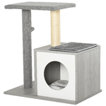 PawHut Albero Tiragraffi Multilivello per Gatti e Gattini con Cuccia e Colonna in Corda Sisal, Grigio, 59 x 39 x 62cm