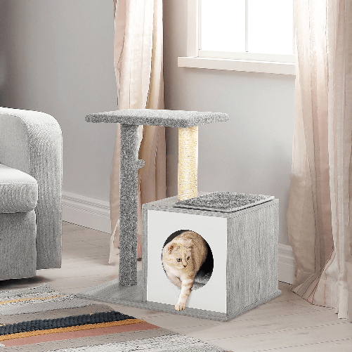 PawHut-Albero-Tiragraffi-Multilivello-per-Gatti-e-Gattini-con-Cuccia-e-Colonna-in-Corda-Sisal-Grigio-59-x-39-x-62cm