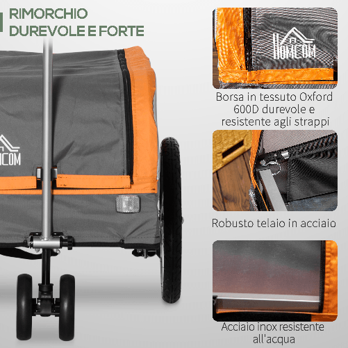 HOMCOM-Rimorchio-Bici-in-Acciaio-con-Ruote-e-Sacca-per-Bagagli-in-Tessuto-Oxford-130x64x60-97-cm