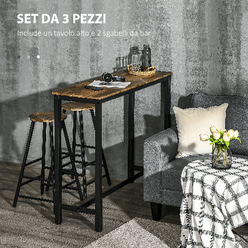 HOMCOM-Set-3-Pezzi-con-2-Sgabelli-da-bar-e-Tavolo-da-Bar-Alto-in-MDF-e-Acciaio-per-Cucina-Sala-da-Pranzo-e-Soggiorno