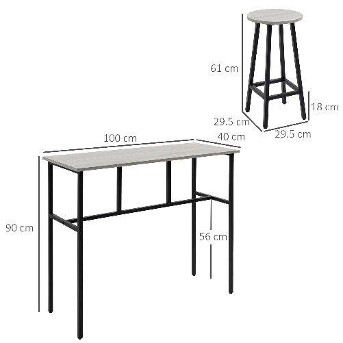 HOMCOM-Set-da-Bar-6-Pezzi-con-4-Sgabelli-da-Bar-e-2-Tavoli-Alti-in-Legno-Truciolato-e-Acciaio-per-Cucina-e-Soggiorno-Grigio