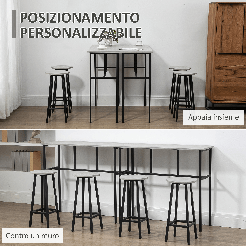 HOMCOM-Set-da-Bar-6-Pezzi-con-4-Sgabelli-da-Bar-e-2-Tavoli-Alti-in-Legno-Truciolato-e-Acciaio-per-Cucina-e-Soggiorno-Grigio