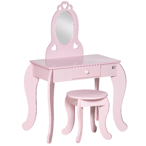 HOMCOM-Tavolo-Trucco-per-Bambini-con-Sgabello-in-Legno-Toeletta-con-Specchio-e-Cassetto-60x36x88cm-Rosa