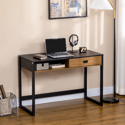 HOMCOM-Scrivania-per-Camera-e-Ufficio-con-Cassetto-Stile-Industriale-110x50x76cm-Noce-e-Nero