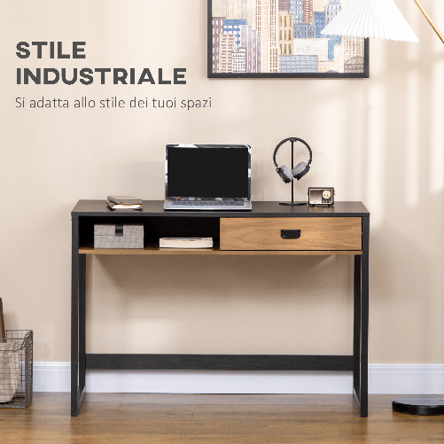 HOMCOM-Scrivania-per-Camera-e-Ufficio-con-Cassetto-Stile-Industriale-110x50x76cm-Noce-e-Nero